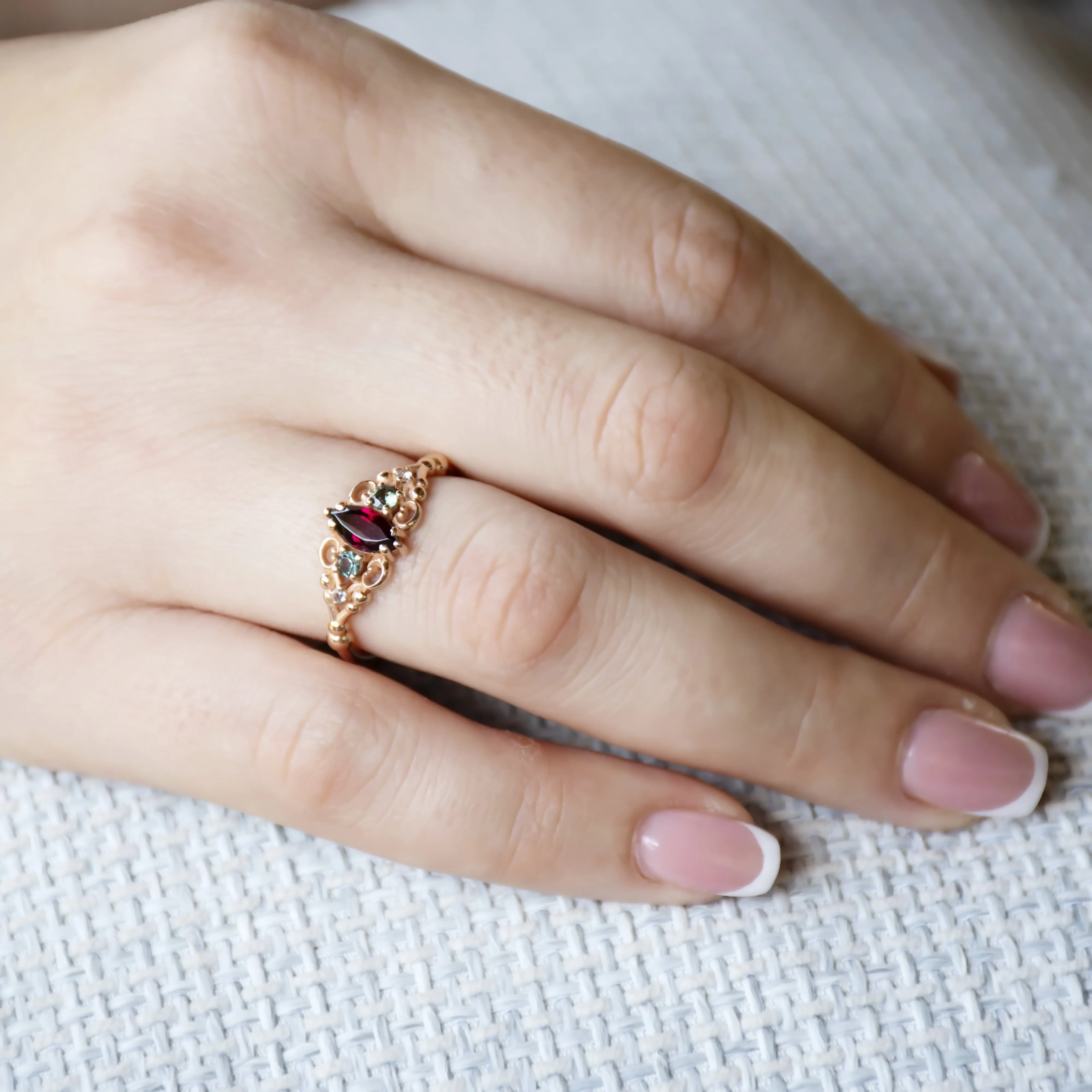 RG1912-1 Vintage Inspired Garnet, Spinel, And Topaz Cocktail Ring In Gold, Vintage Ring