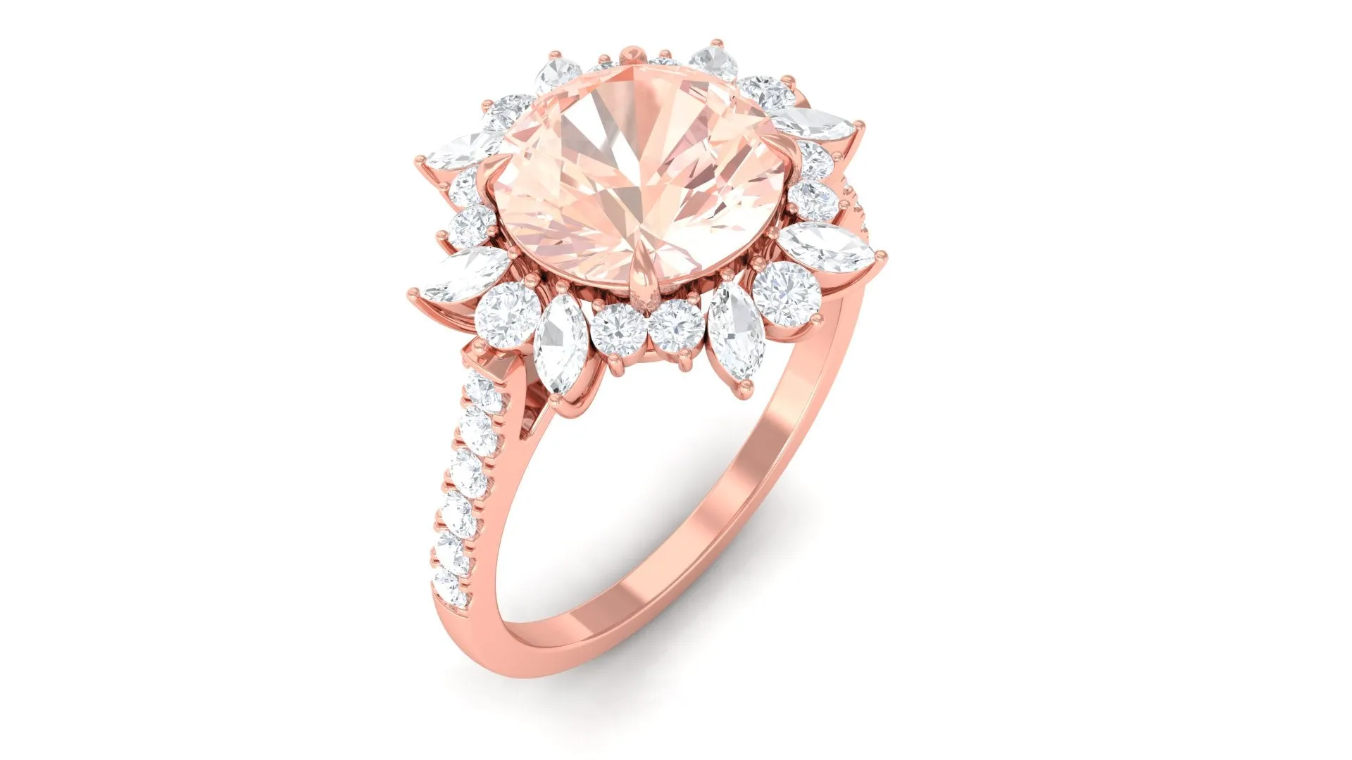 Round Morganite Statement Engagement Ring with Moissanite Floral Halo