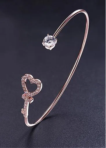 Simple Micro Pave AAA Zircon Heart Shape Key Gold Plated Cuff Bangle