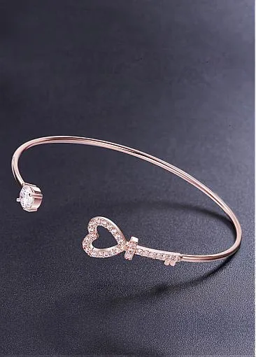Simple Micro Pave AAA Zircon Heart Shape Key Gold Plated Cuff Bangle