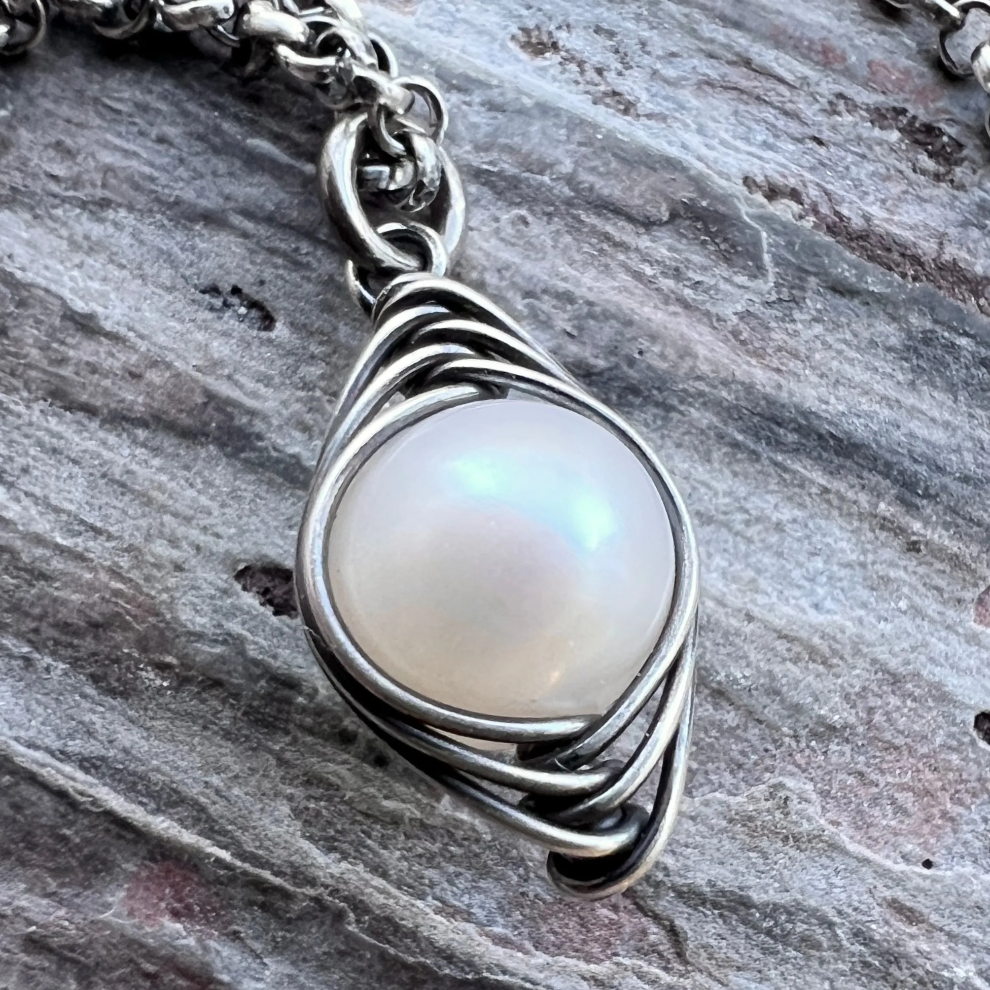 Sterling Silver Pearl Necklace | Genuine Freshwater Pearl Wire-Wrapped Pendant