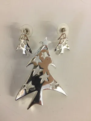 Vintage All Silvertone Christmas Tree Brooch Earring Set Modern MCM