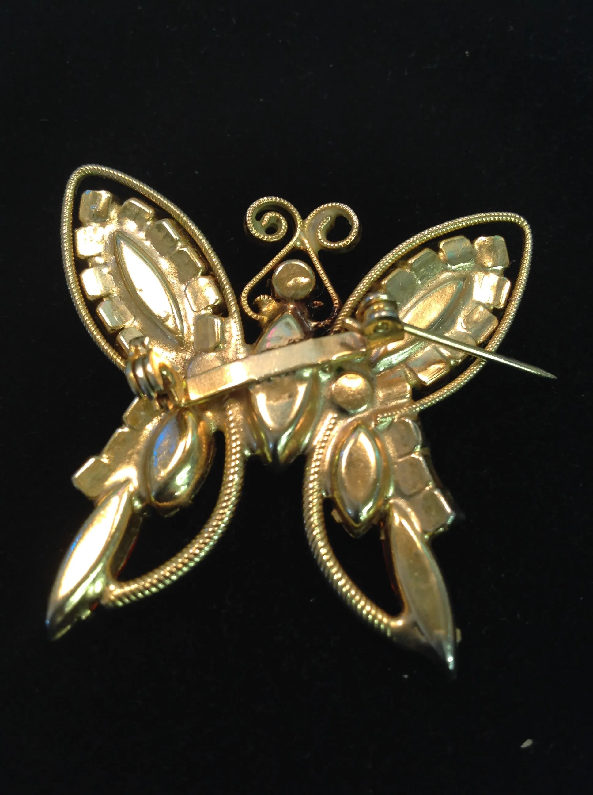 Vintage Brooch Pin Goldtone Rhinestone Steampunk Volcanic Butterfly