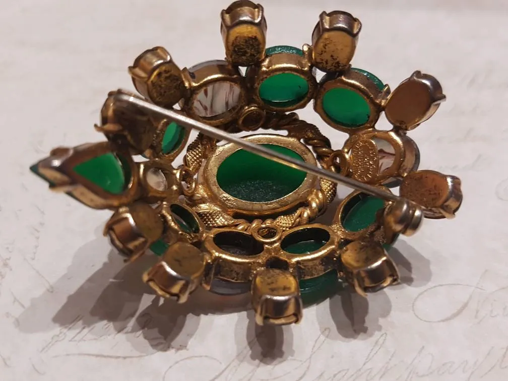 Vintage Dior Green Brooch Gold Glass 1965