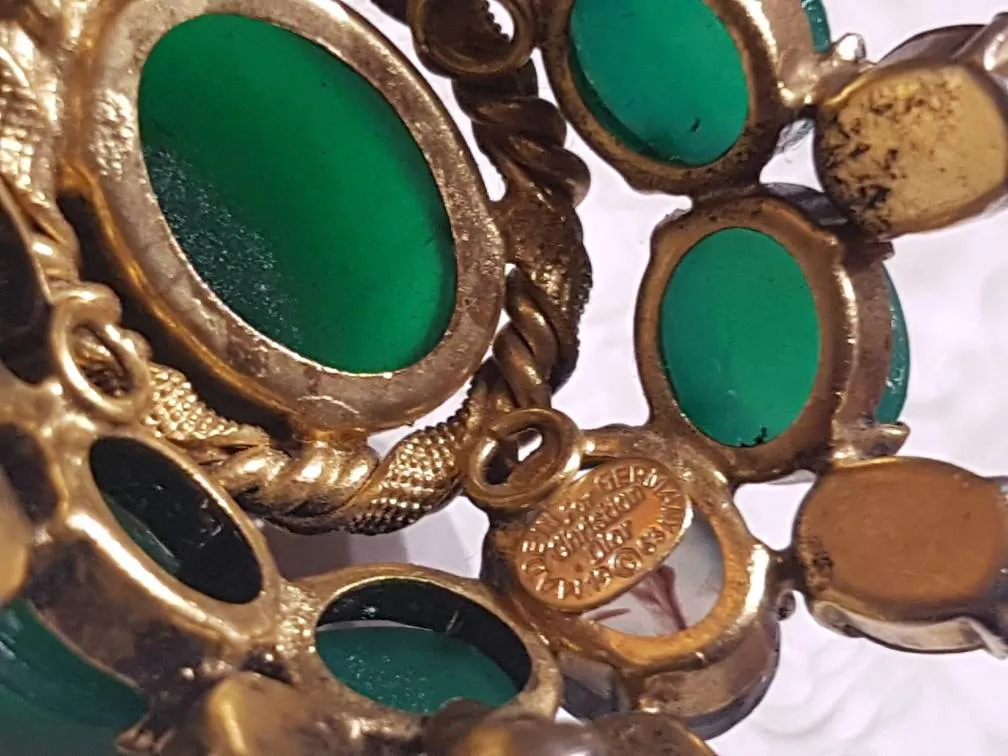 Vintage Dior Green Brooch Gold Glass 1965