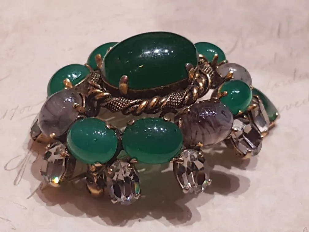 Vintage Dior Green Brooch Gold Glass 1965