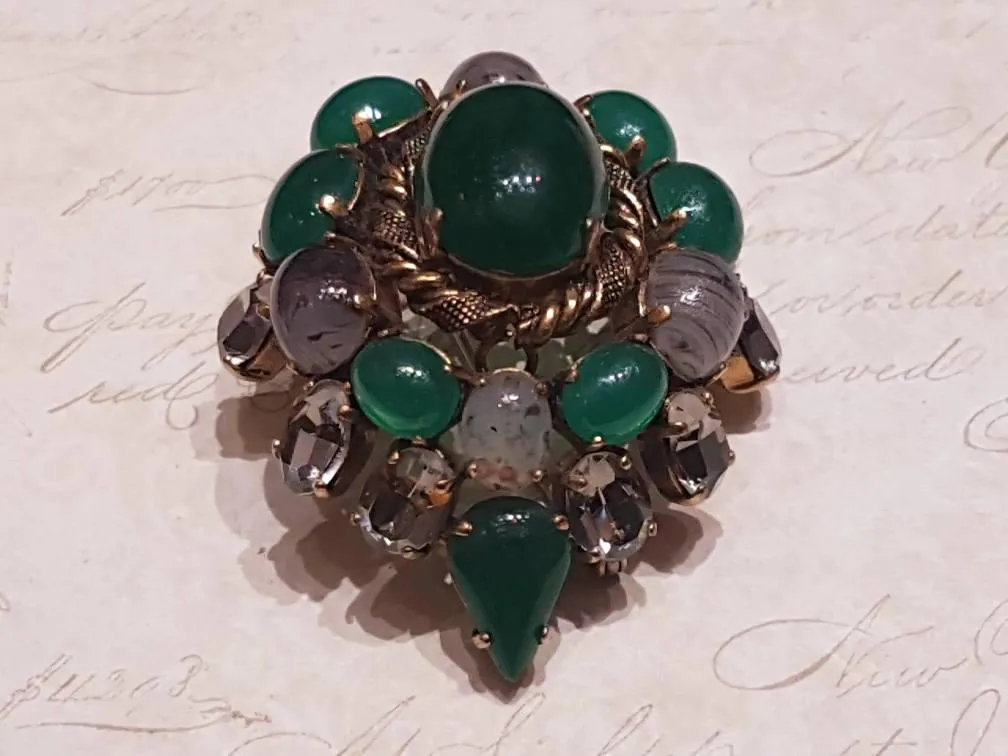 Vintage Dior Green Brooch Gold Glass 1965