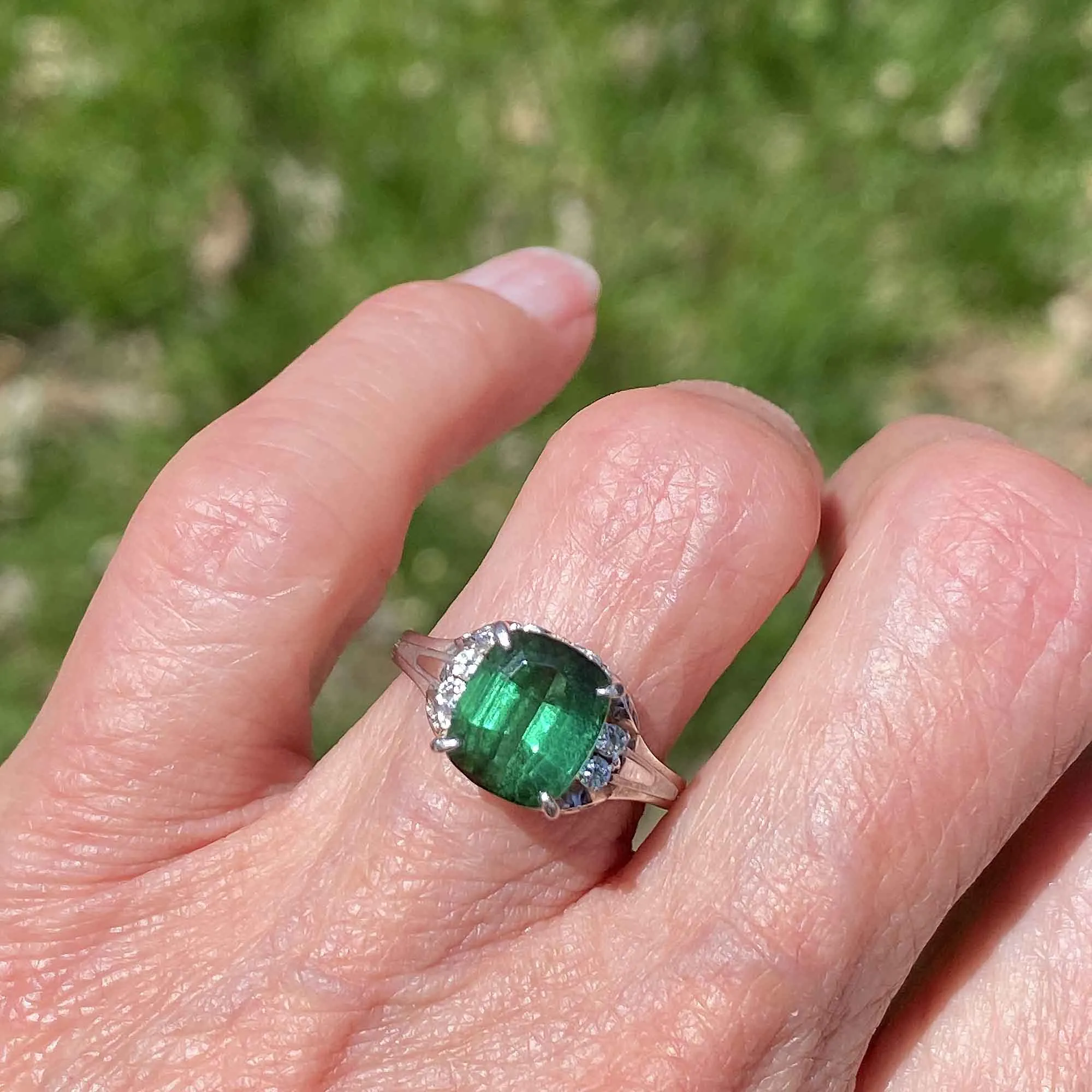 Vintage Platinum Diamond Green Tourmaline Ring